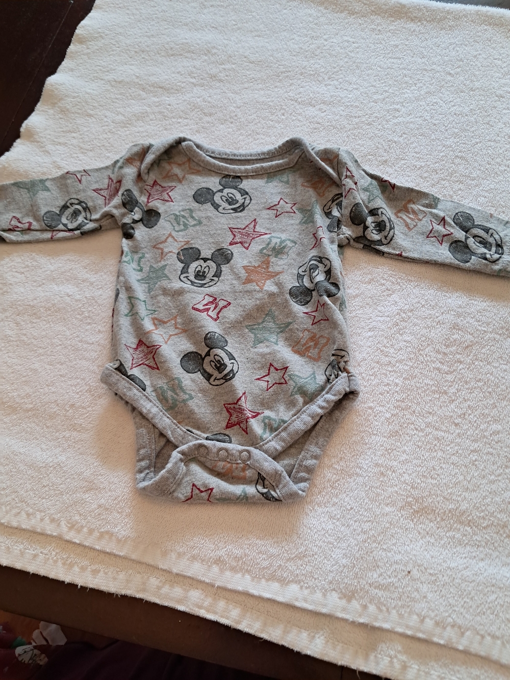 Disney Gray Mickey Mouse Long-Sleeve One-Piece with Colorful Stars